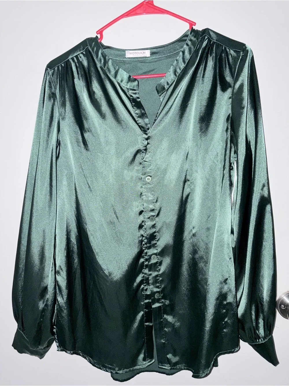 Hotouch Emerald Green Satin Button-Down Blouse